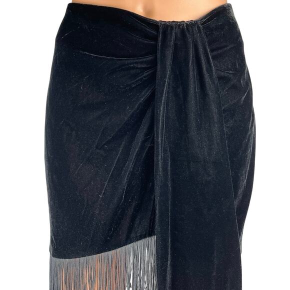 Zara Black Velvet Velour Fringe High Wasited Straight Pencil Wrap Mini Skirt M - Picture 4 of 6
